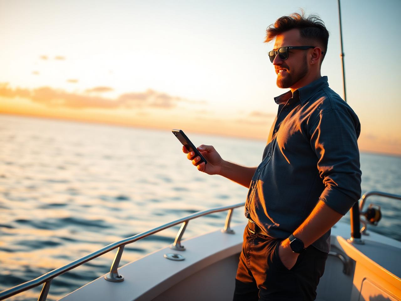 Business owner on a boat at sunset checking Captain Compass on his phone